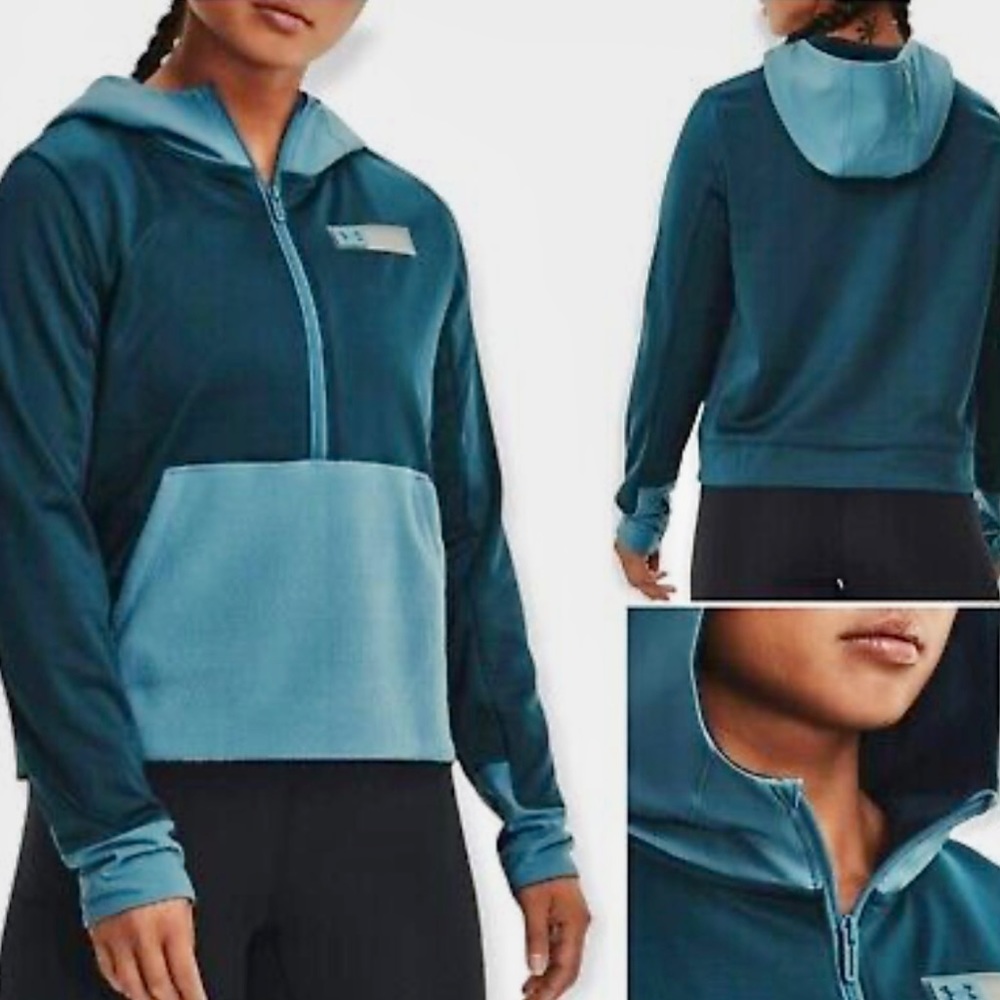 Under Armour Ladies Half Zip Hoodie Two Tone Teal Blue Pockets Size XS